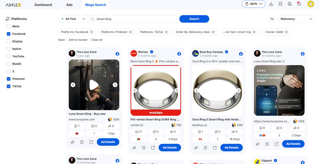 Adflex Mega Search dashboard showing cross-network ad results