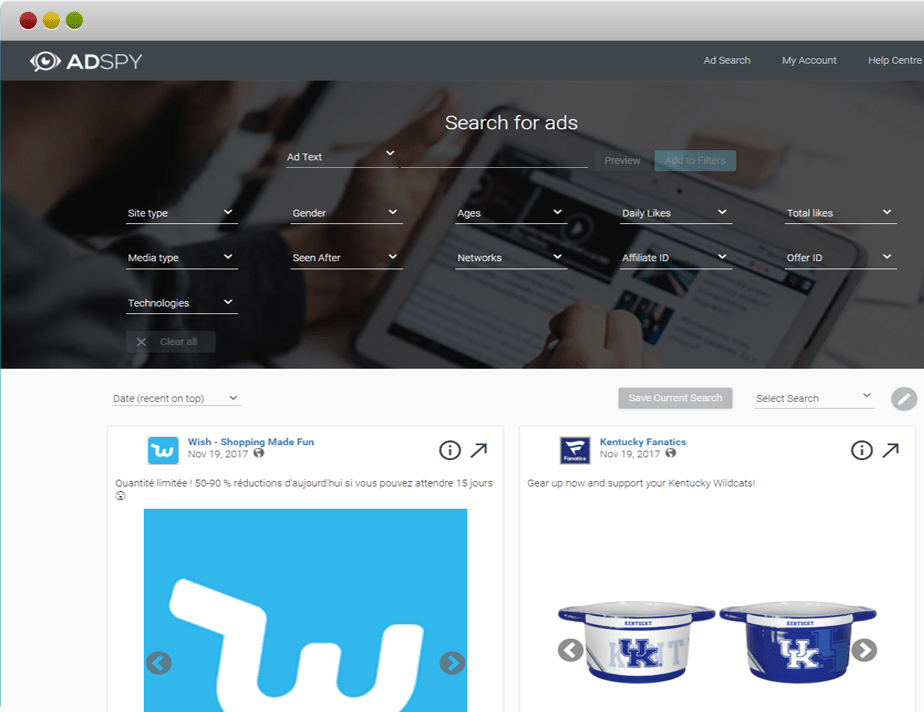 AdSpy public research dashboard interface
