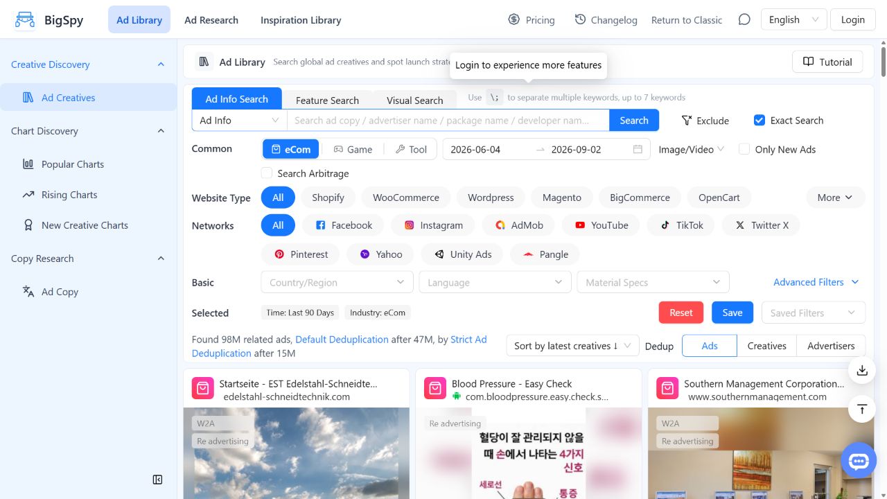 BigSpy public research dashboard interface