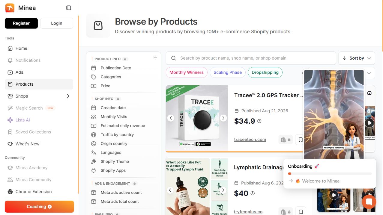 Minea public research dashboard interface