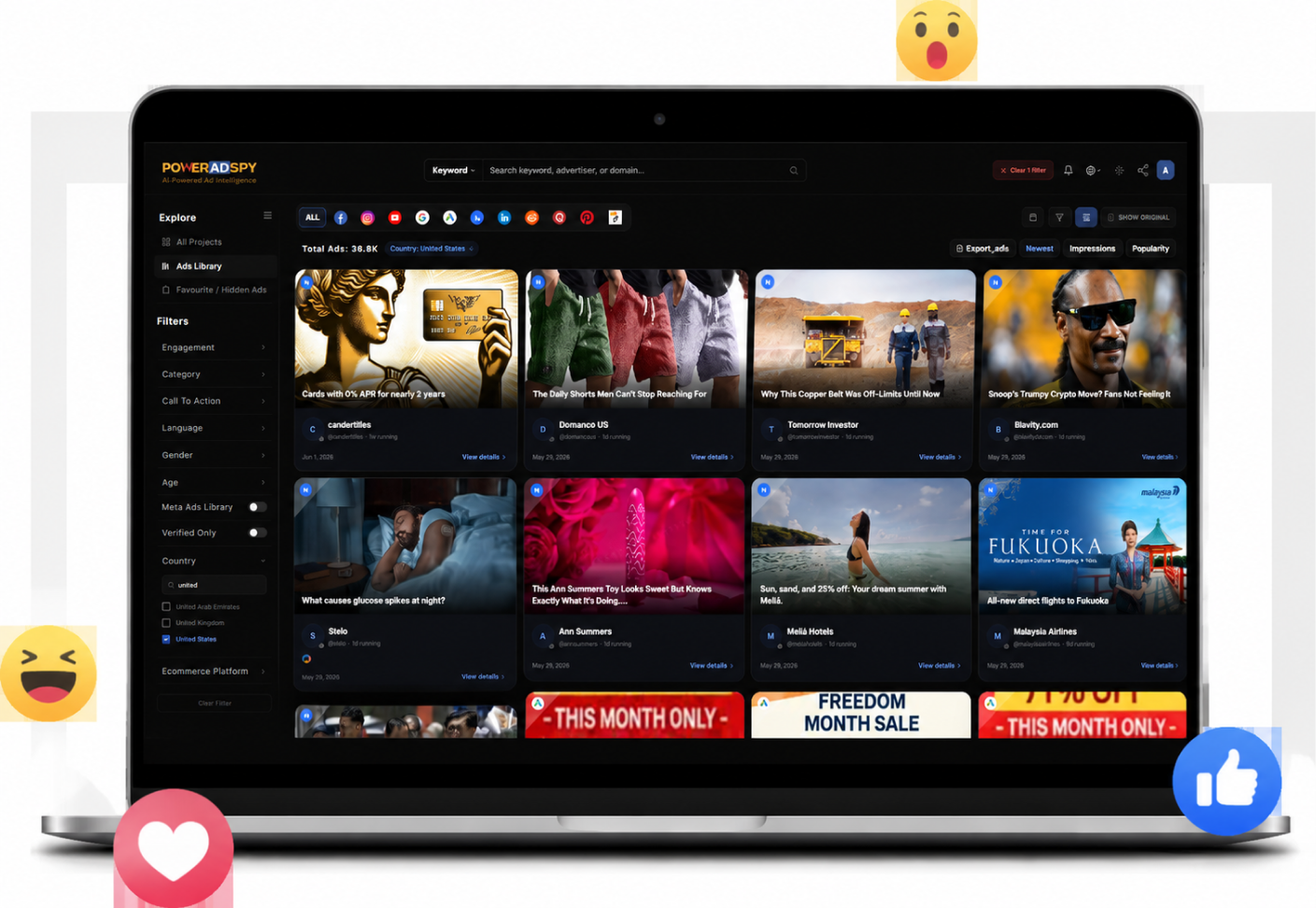 PowerAdSpy public research dashboard interface